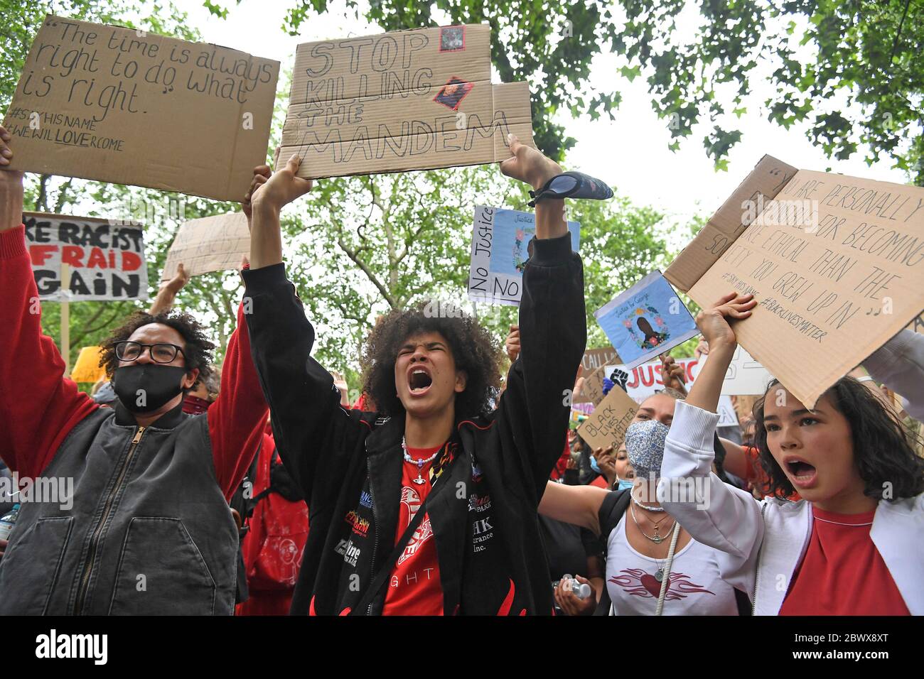 People participate in a Black Lives Matter protest rally in central London in memory of George Floyd who was killed on May 25 while in police custody in the US city of Minneapolis. Stock Photo