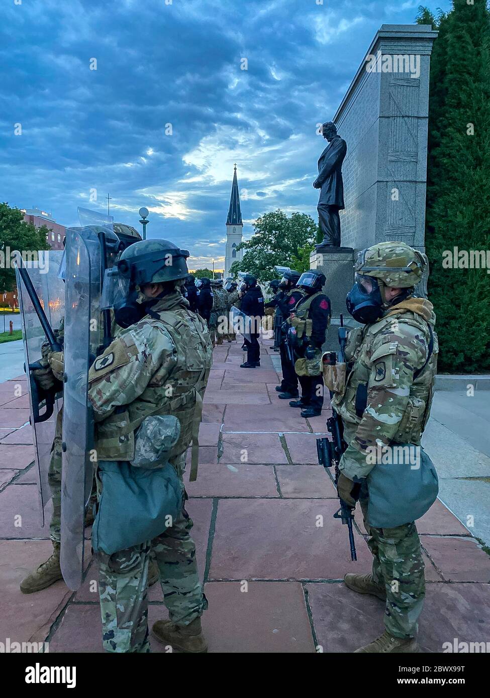 Minnesota National Guardsmen block access the Minnesota State Capitol building following days of protests and riots over the death of George Floyd May 31, 2020 in Saint Paul, Minnesota. Floyd was choked to death by police in Minneapolis resulting in protests sweeping across the nation. Stock Photo