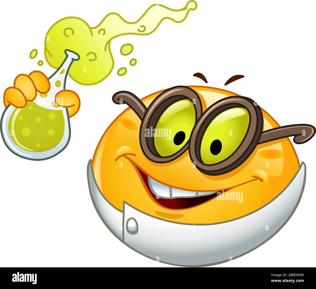 Scientist emoticon holding a beaker full with bubbly fluid Stock Vector