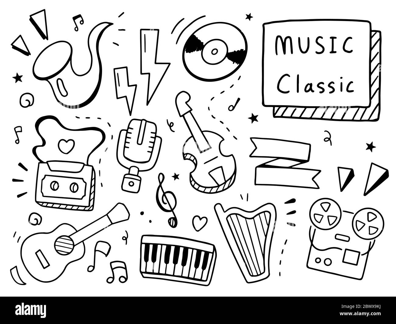 classsic music doodle illustration. Doodle design concept Stock Vector