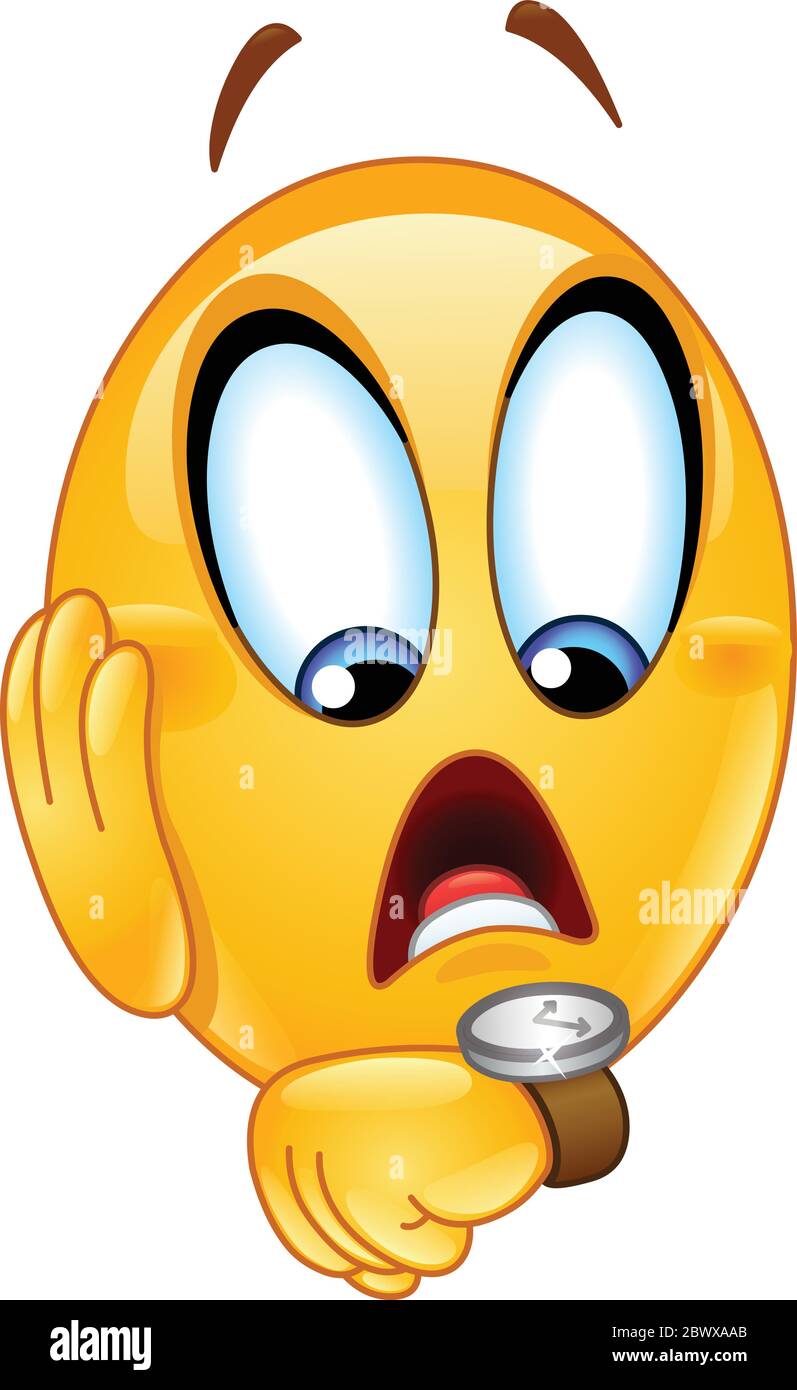 Stressed emoji emoticon late for something checking his watch Stock