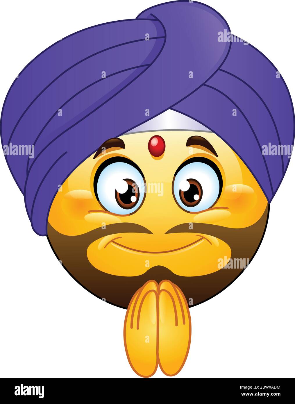 Traditional bearded Indian male emoji emoticon with a red tikka on his forehead wearing a purple turban and making a Namaste gesture Stock Vector