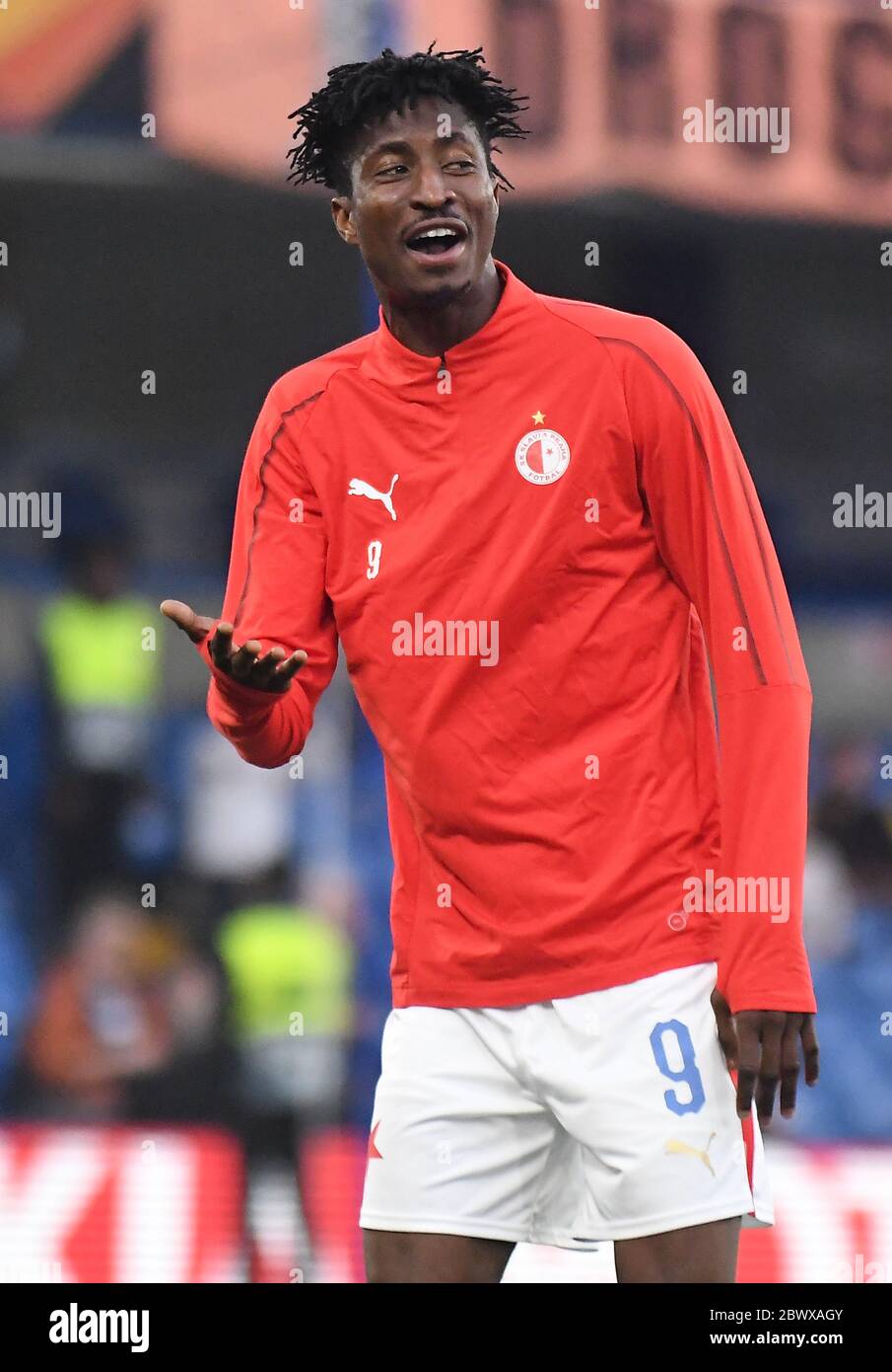 LONDON, ENGLAND - APRIL 18, 2019: Peter Olayinka of Slavia pictured prior to the second leg of the 2018/19 UEFA Europa League Quarter-Finals game between Chelsea FC (England) and SK Slavia Praha (Czech Republic) at Stamford Bridge. Stock Photo