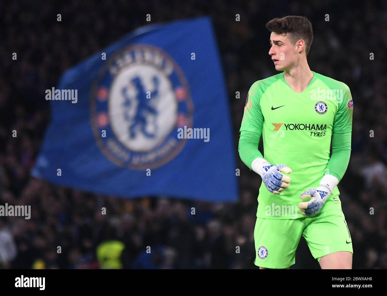 LONDON, ENGLAND - APRIL 18, 2019: Kepa Arrizabalaga of Chelsea pictured during the second leg of the 2018/19 UEFA Europa League Quarter-Finals game between Chelsea FC (England) and SK Slavia Praha (Czech Republic) at Stamford Bridge. Stock Photo