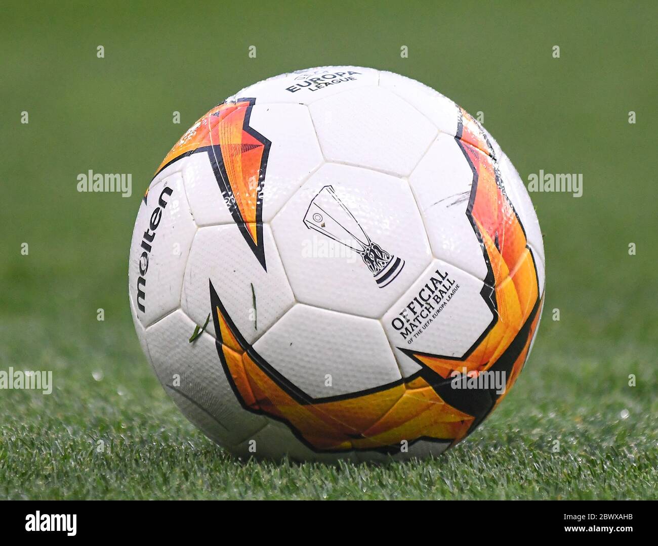 LONDON, ENGLAND - APRIL 18, 2019: The official match ball pictured ahead of the second leg of the 2018/19 UEFA Europa League Quarter-Finals game between Chelsea FC (England) and SK Slavia Praha (Czech Republic) at Stamford Bridge. Stock Photo