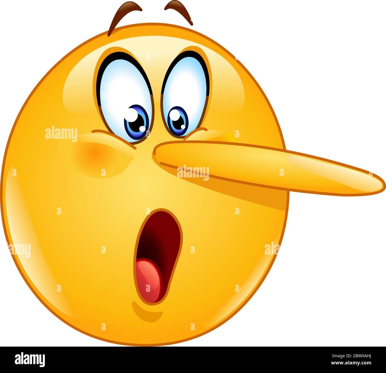Lying face emoticon. Emoticon with long nose indicating the telling of a lie. Stock Vector