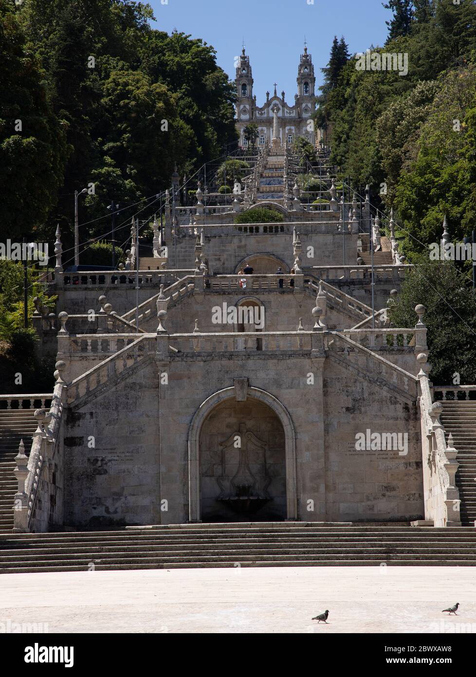 Vast staircase to the Sanctuary of Nossa Senhora dos Remédios in Lamego on the hill of St. Stephen, a major pilgrimage church in Portugal Stock Photo