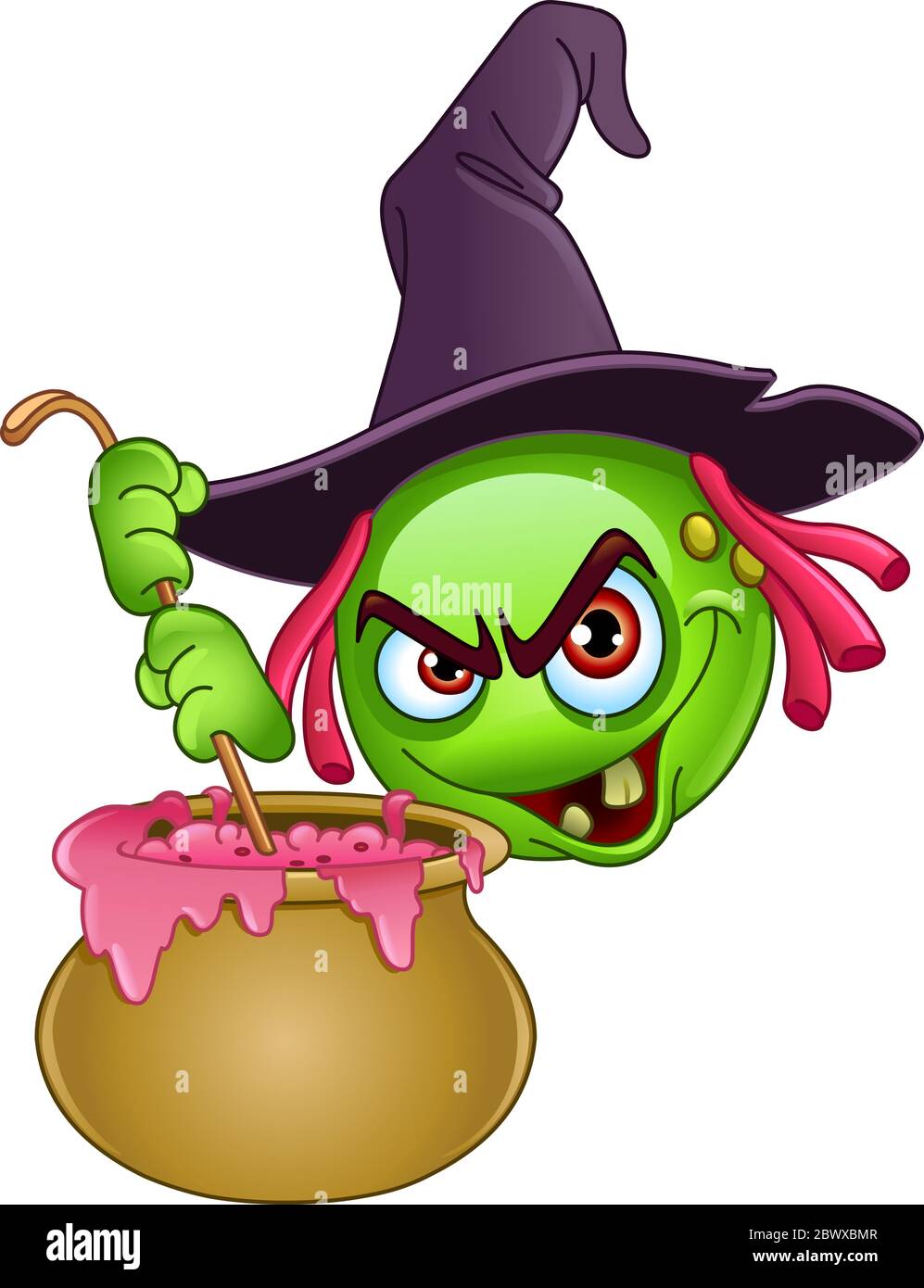 Witch emoticon stirring her cauldron brew Stock Vector