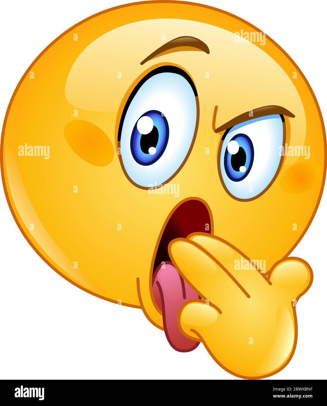 Disgusted emoticon doing a vomit gesture by potting two fingers in mouth Stock Vector