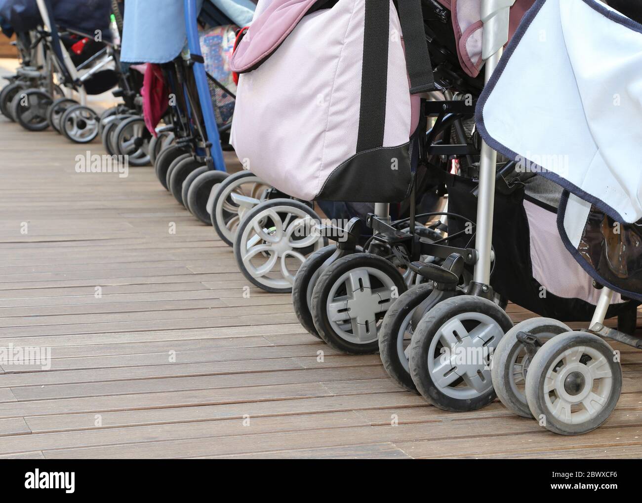 many wheels of the strollers without kids Stock Photo Alamy
