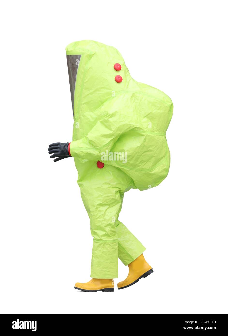 man with yellow protective anti-contagion suit and automatic respirator on a white background Stock Photo