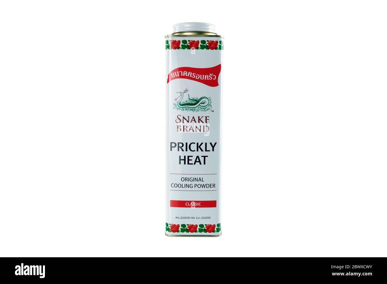 BANGKOK, THAILAND - APRIL 15, 2020: Snake brand, Prickly heat original cooling powder. Snake brand is manufactured in Thailand by The British Dispensa Stock Photo