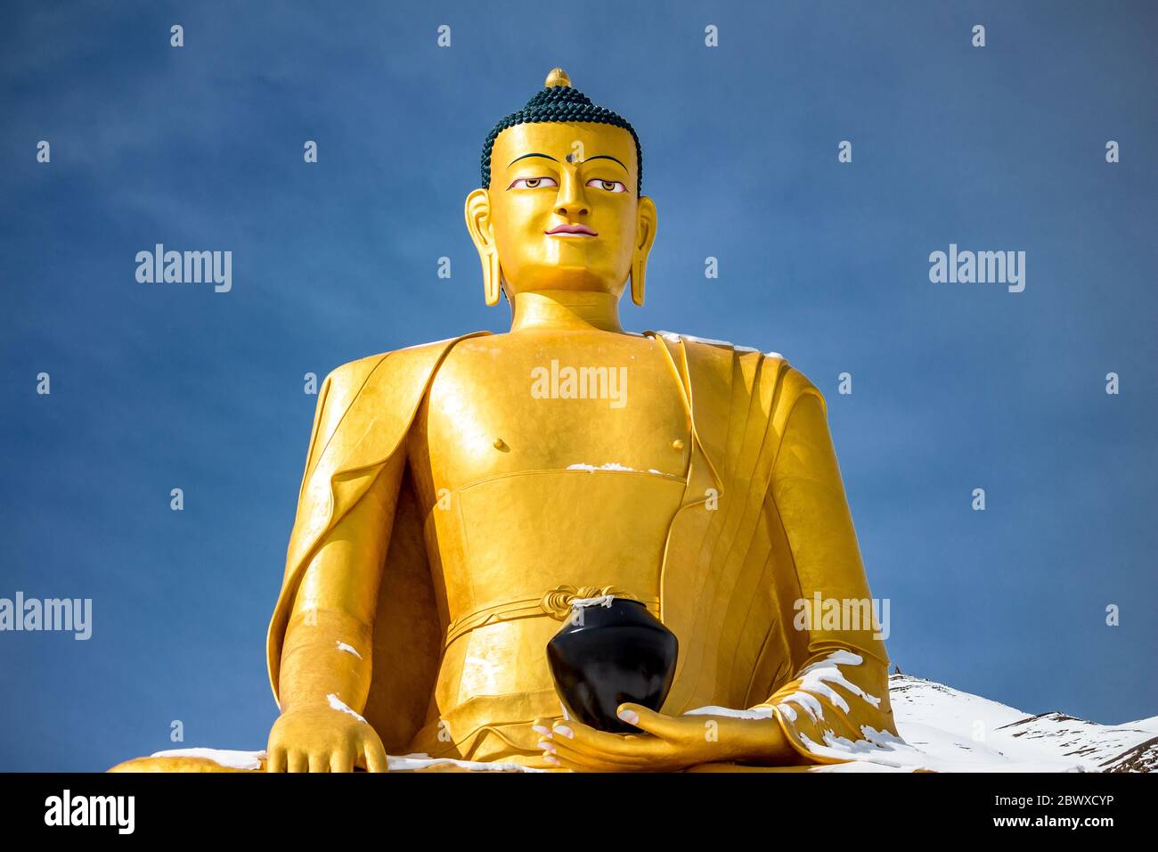 Golden Maitreya Buddha, Ladakh - A large sculpture of Maitreya Buddha situated in the land of diversified culture, Ladakh, India. Religious place. Stock Photo