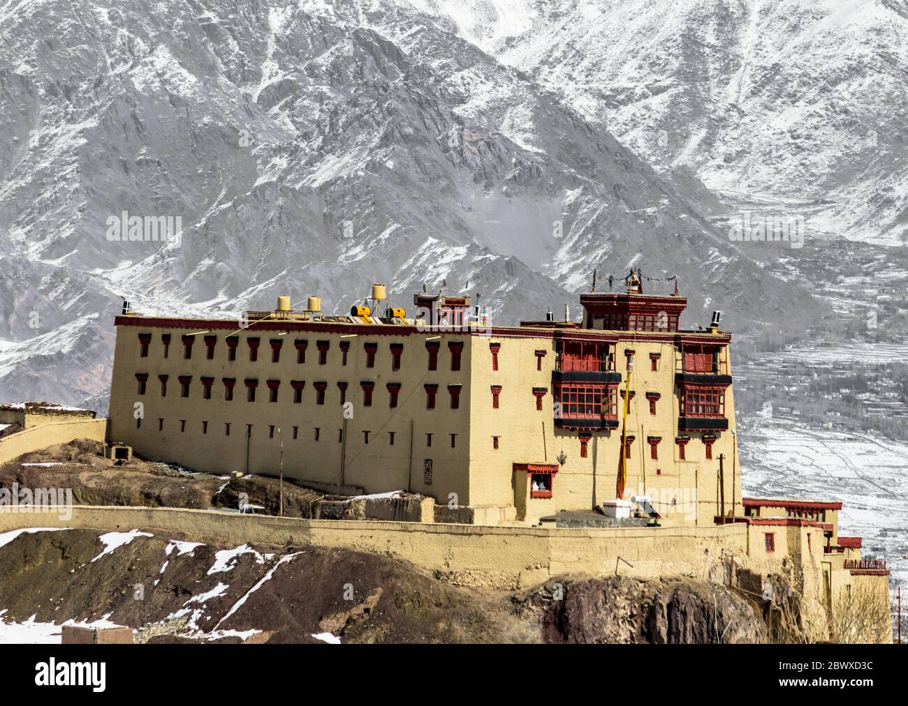 Stok Palace in the snow mountains of Ladakh, Jammu and Kashmir, India. Architecture of Stok palace is a perfect mix of traditional and contemporary. Stock Photo