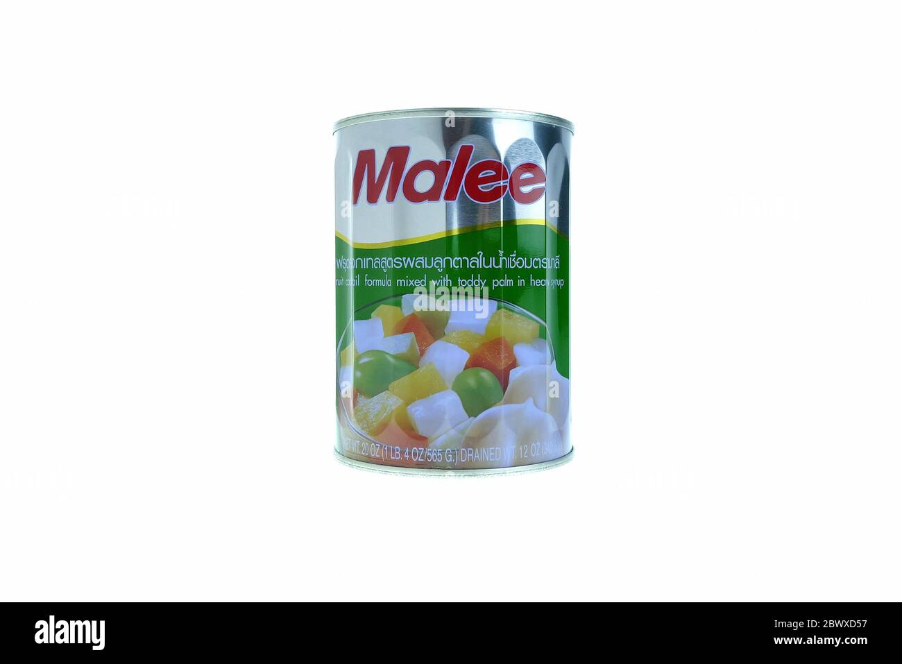 BANGKOK, THAILAND - APRIL 29, 2020: Malee brand fruit cocktail formula mixed with toddy palm in heavy syrup that manufactured by Malee Group Public Co Stock Photo