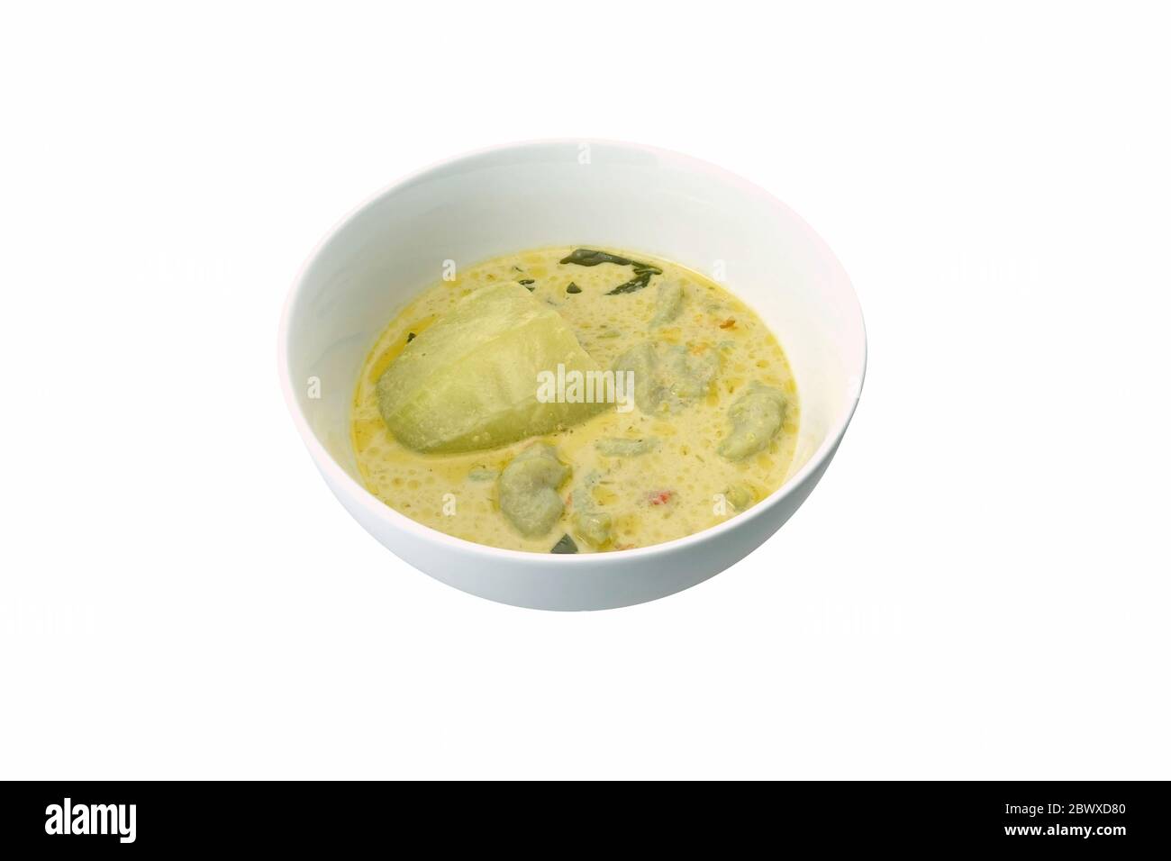 Green Curry with Fish Ball and Winter Melon Isolated on White Background. It is a famous Traditional Thai Recipe. Stock Photo