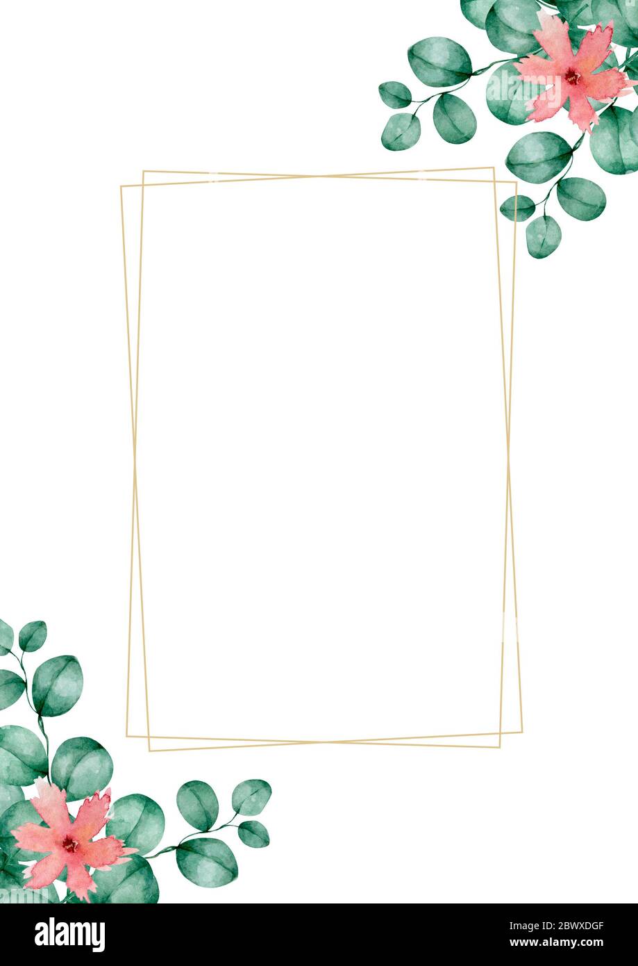 Vertical frame template with green floral on white background. Vertical