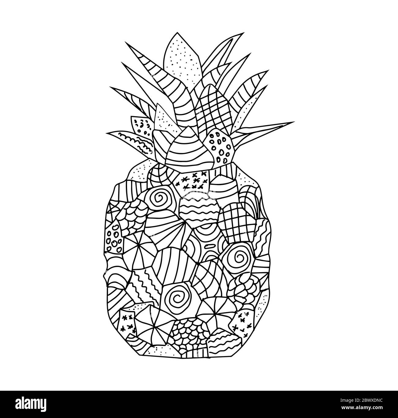 whole pineapple with leaves with geometric pattern in doodle style on a white background coloring page Stock Vector