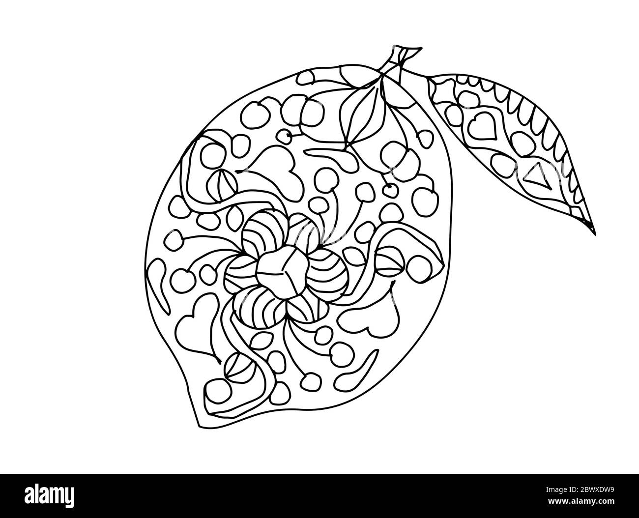 One lemon with a leaf with a vegetable pattern in doodle style on a white background coloring page Stock Vector