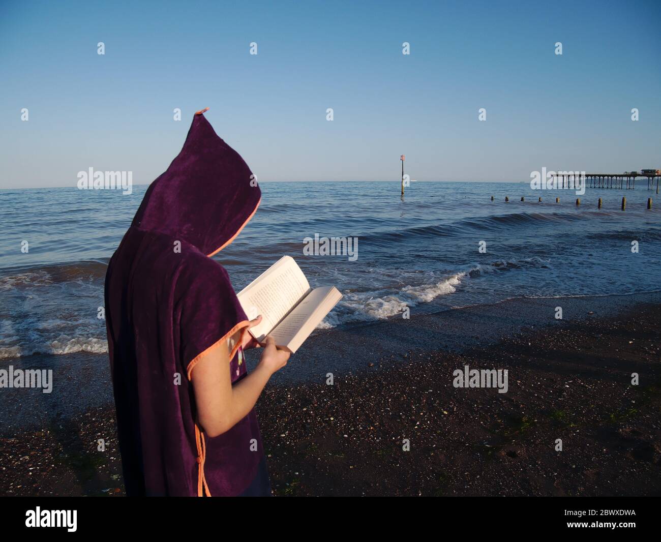 Girl at the beach reading her book Stock Photo