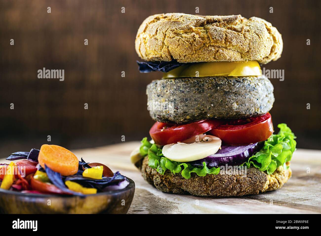 vegan snack, meatless hamburger, vegetarian food based on plants and