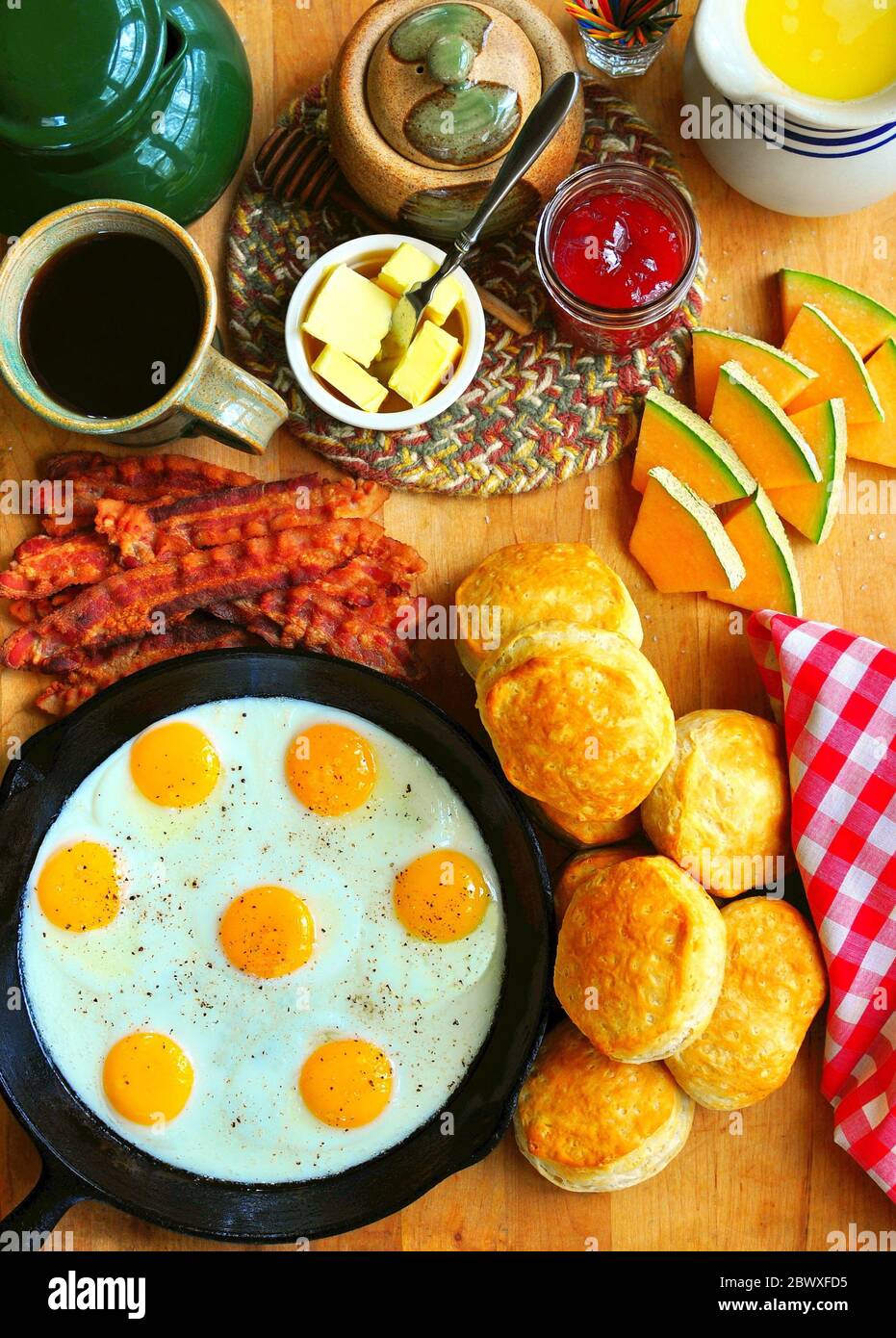 Breakfast Board Bacon and Eggs and Biscuits Charcuterie Stock Photo