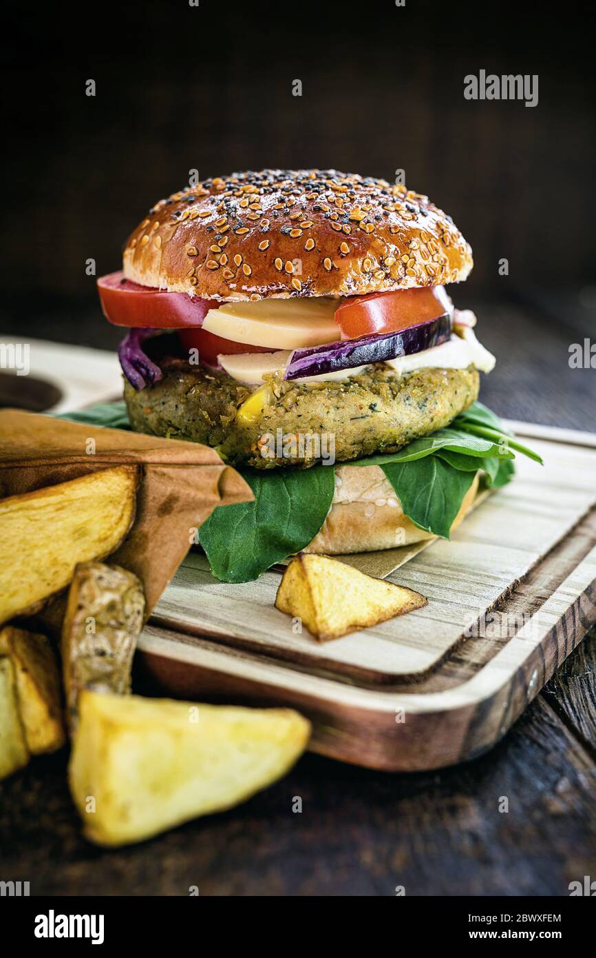Vegetarian hamburger, sandwich made without meat, with portion of