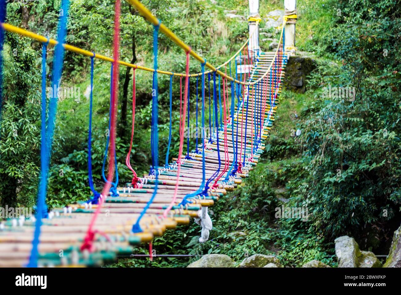 A hanging rope bridge over the waterfall in Panchpula Dalhousie, Himachal Pradesh India. It's for adventure activities for kids and teenagers. Stock Photo