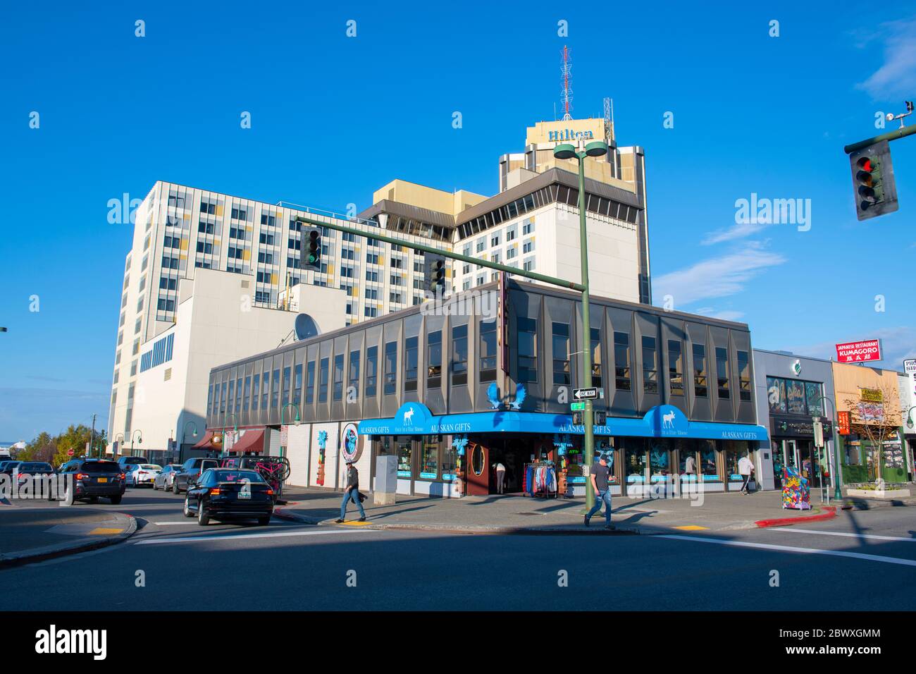 Historic buildings and Hilton Anchorage on 4th Avenue between E Street