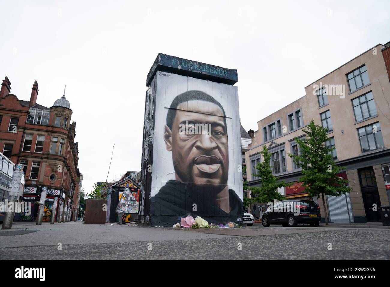 Manchester, UK. 3rd June, 2020. A mural of George Floyd the 46-year-old black man who died in Minneapolis, Minnesota on May 25th after Derek Chauvin, a white officer with the Minneapolis Police Department, pressed his knee to Floyd's neck is seen in ManchesterÕs Northerrn Quarter, UK. Credit: Jon Super/Alamy Live News. Stock Photo