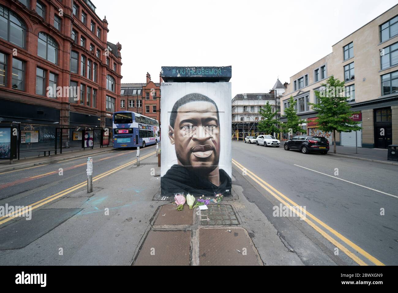 Manchester, UK. 3rd June, 2020. A mural of George Floyd the 46-year-old black man who died in Minneapolis, Minnesota on May 25th after Derek Chauvin, a white officer with the Minneapolis Police Department, pressed his knee to Floyd's neck is seen in ManchesterÕs Northerrn Quarter, UK. Credit: Jon Super/Alamy Live News. Stock Photo