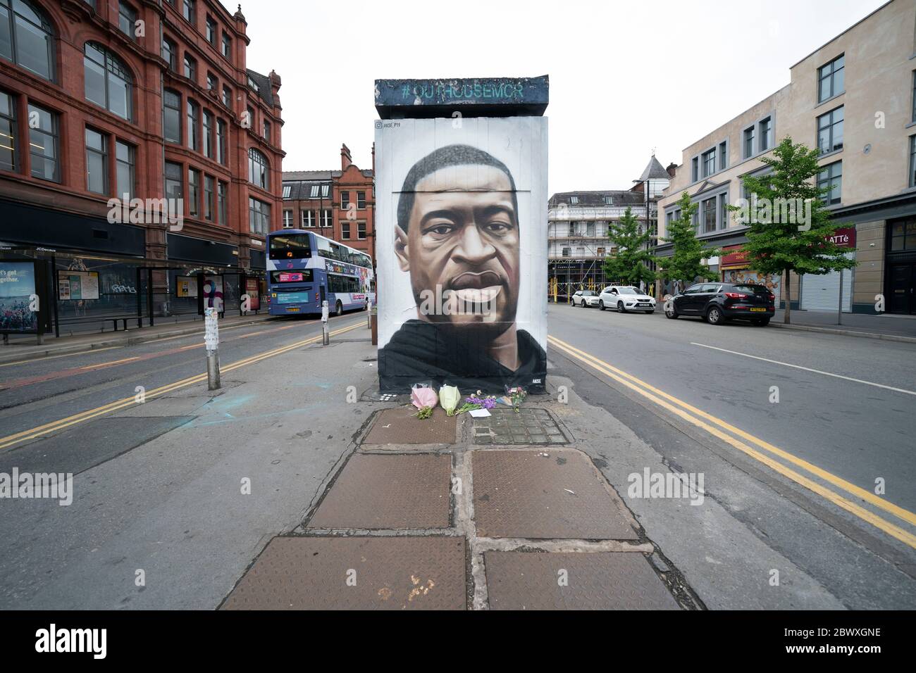 Manchester, UK. 3rd June, 2020. A mural of George Floyd the 46-year-old black man who died in Minneapolis, Minnesota on May 25th after Derek Chauvin, a white officer with the Minneapolis Police Department, pressed his knee to Floyd's neck is seen in ManchesterÕs Northerrn Quarter, UK. Credit: Jon Super/Alamy Live News. Stock Photo