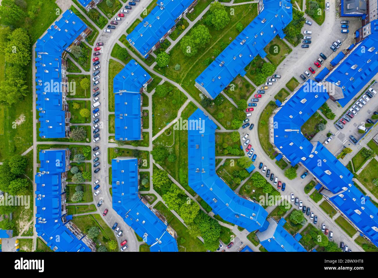 Aerial view of the housing estate with blue roofs. Estate Sloviki located in Olkusz, Poland. Stock Photo