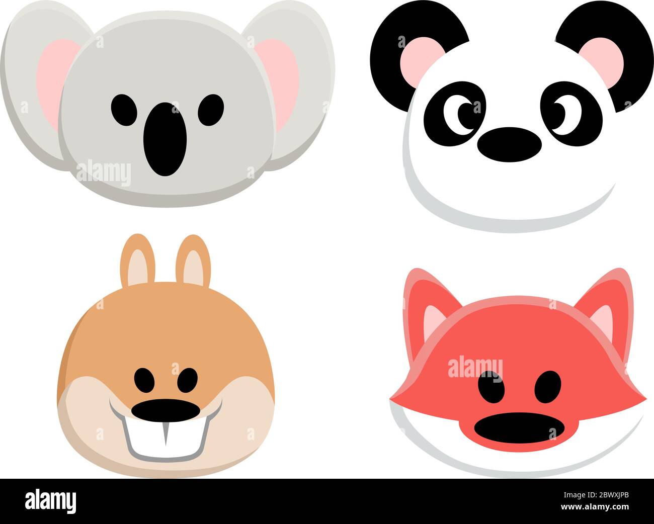 Set of four animal faces: koala bear, panda, squirrel and fox Stock Vector