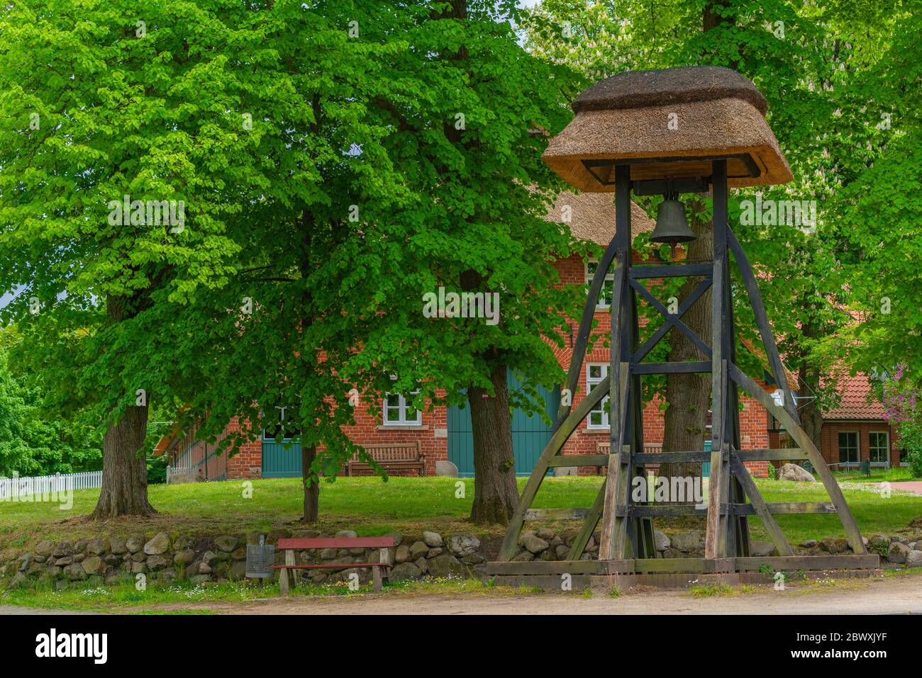 Rathaus or town hall and village bell of the artist village Worpswede, Künstlerdorf Worpswede, District Osterholz, Lower Saxony, Germany Stock Photo