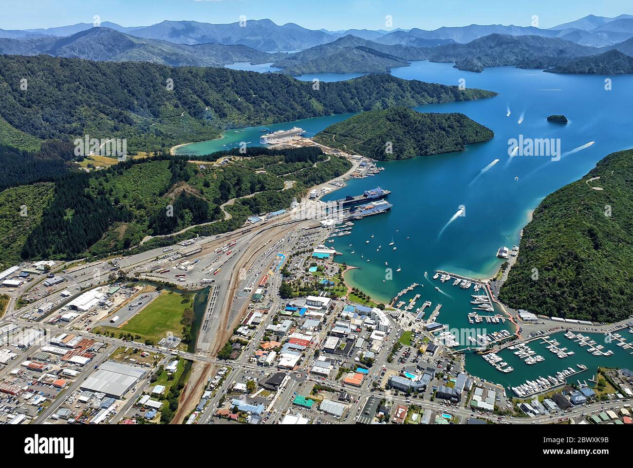 Aerial view of Picton, Marlborough Sounds, South Island, New Zealand, Oceania. Stock Photo
