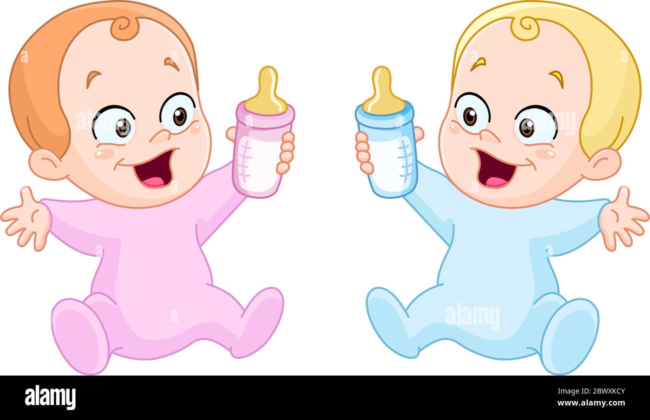 Happy baby girl and baby boy holding bottles Stock Vector