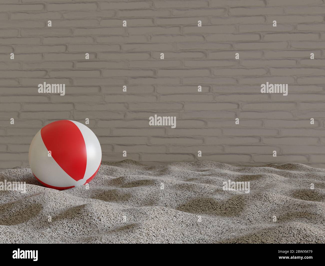 Beachball with red and white colors over the sand with a white birck