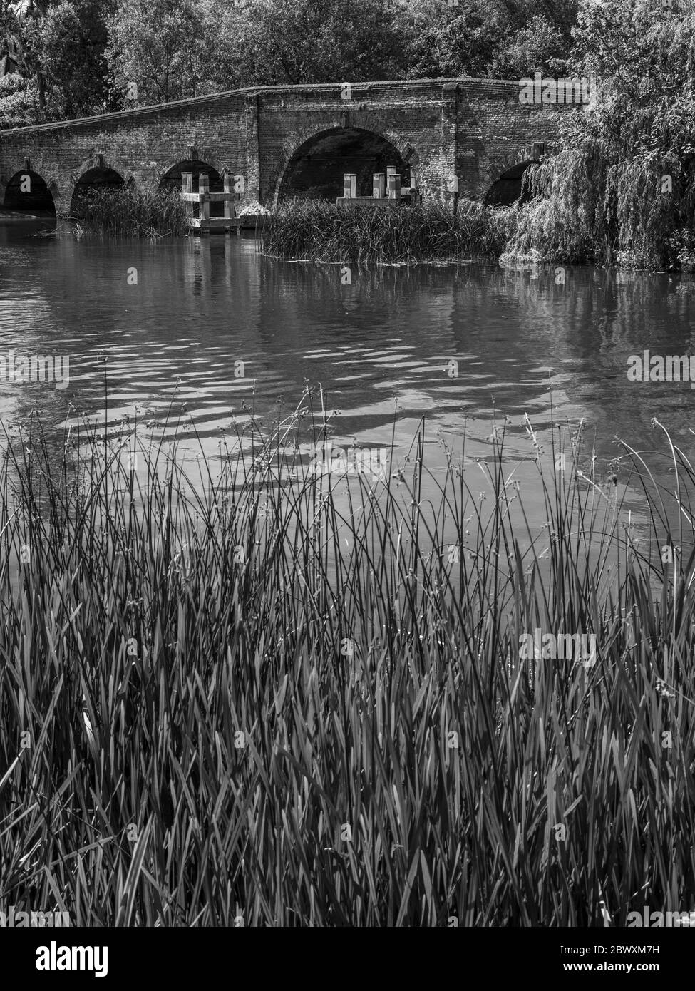Black and White Idyllic Landscape, Sonning Bridge, Sonning, Reading, Berkshire, England, UK, GB. Stock Photo