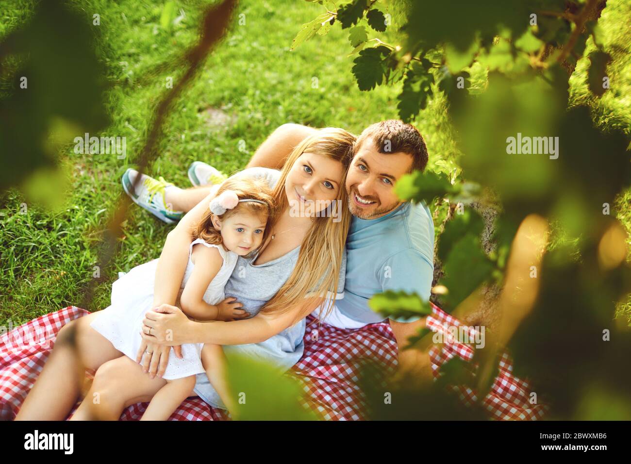 Happy family is resting on the grass in the park Stock Photo - Alamy