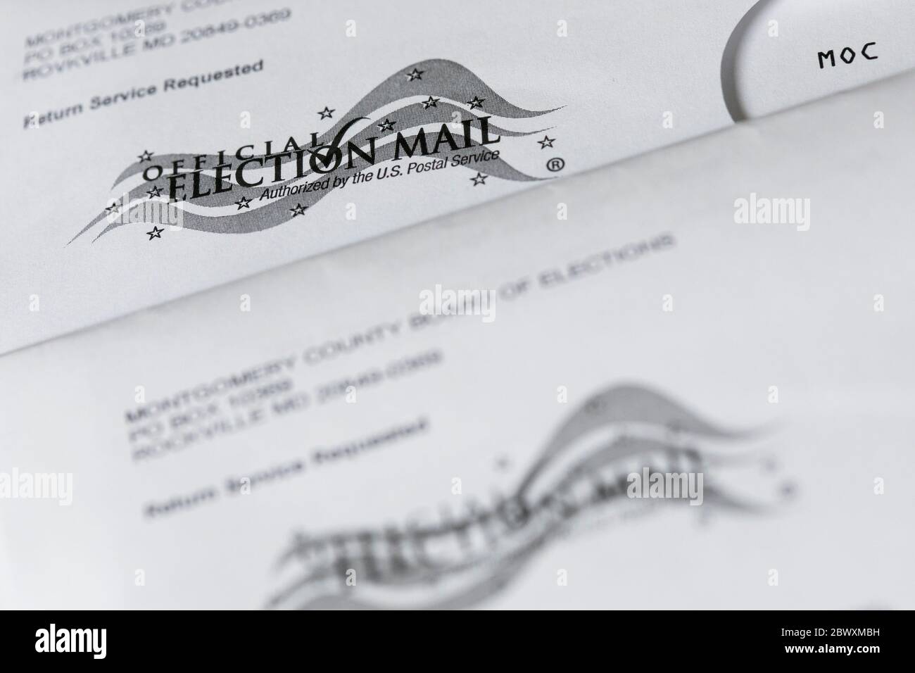 An arranged photograph of a Maryland Absentee Mail-in Ballot for the 2020 Democratic Presidential Primary Election. Stock Photo