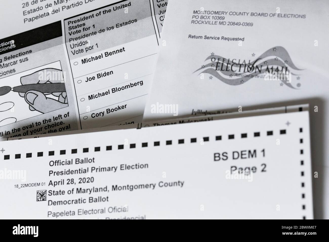 An arranged photograph of a Maryland Absentee Mail-in Ballot for the 2020 Democratic Presidential Primary Election. Stock Photo