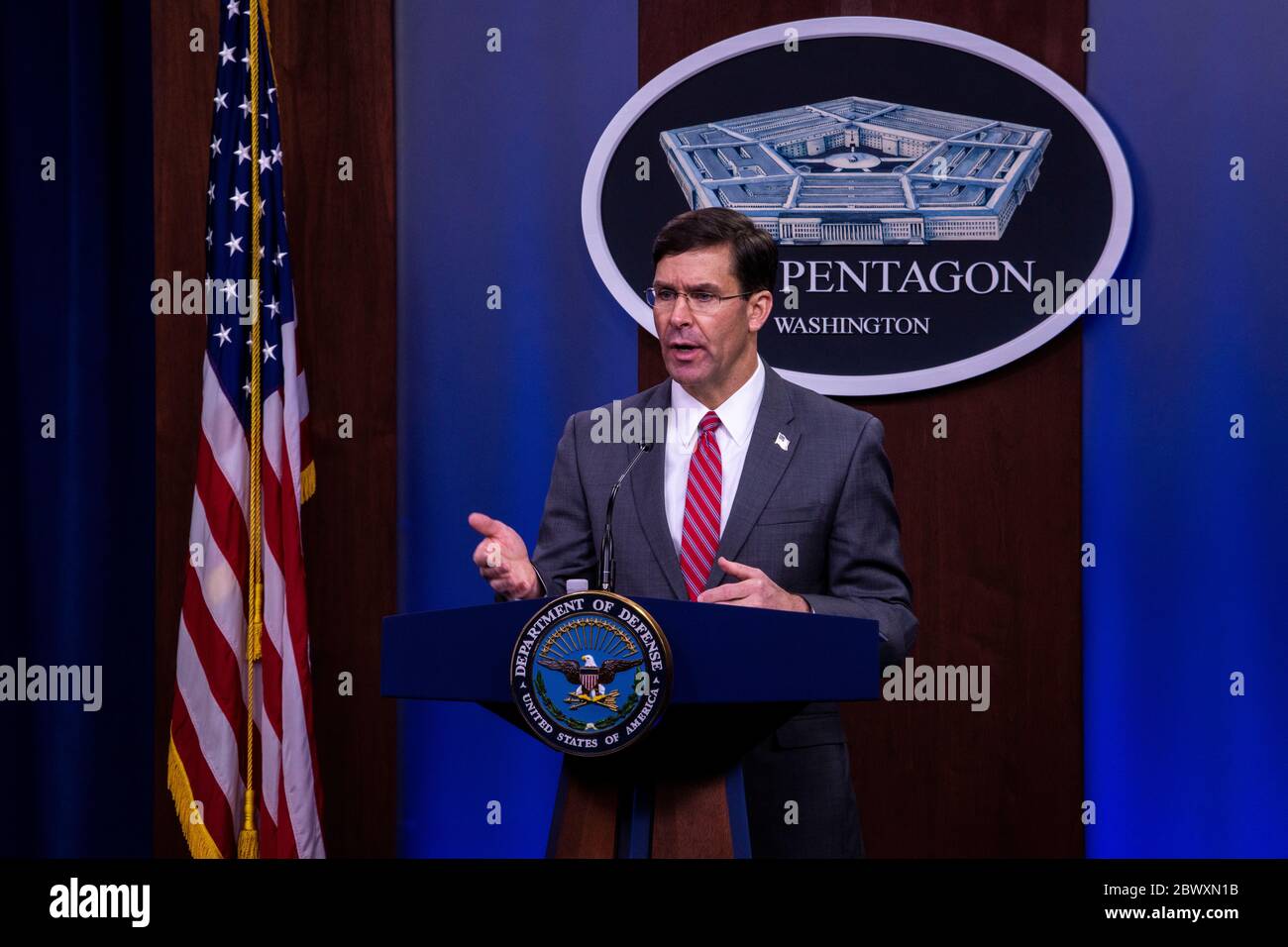 Arlington, United States Of America. 03rd June, 2020. Arlington, United States of America. 03 June, 2020. U.S. Defense Secretary Mark Esper, holds a news conference at the Pentagon to discuss the recent civil disturbances June 3, 2020 in Arlington, Virginia. Esper told reporters the killing of George Floyd as a horrible crime, and broke with the president in saying he is opposed to the invocation of a U.S. law that would allow the U.S. military to be used for domestic law enforcement. Credit: SSgt. Jack Sanders/DOD/Alamy Live News Stock Photo