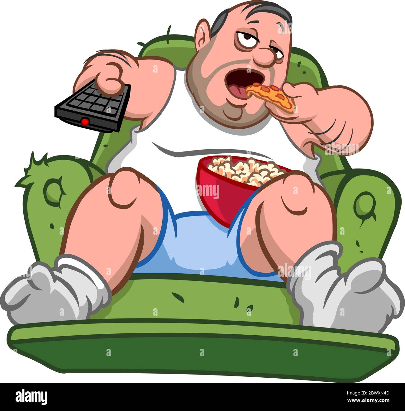 Couch potato slob overweight man sitting on the sofa, eating pizza slice and popcorn while watching TV Stock Vector