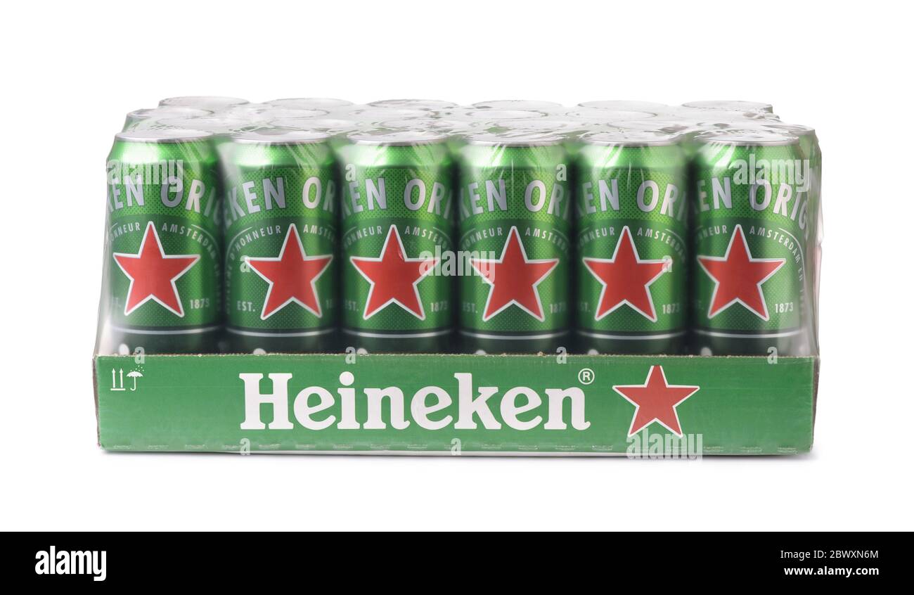Samara, Russia, April, 2020. 24 pack of Heineken lager beer cans isolated on white Stock Photo