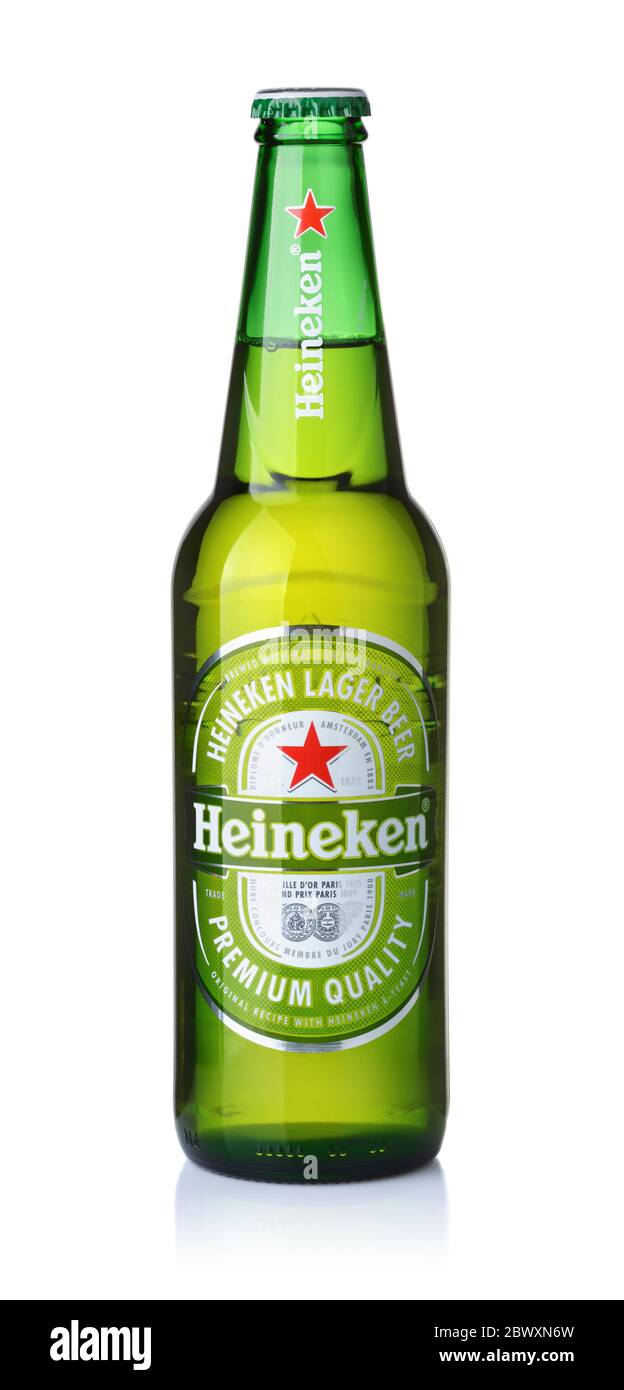 Samara, Russia - November 2019. Product shot of Heineken lager beer bottle isolated on white Stock Photo