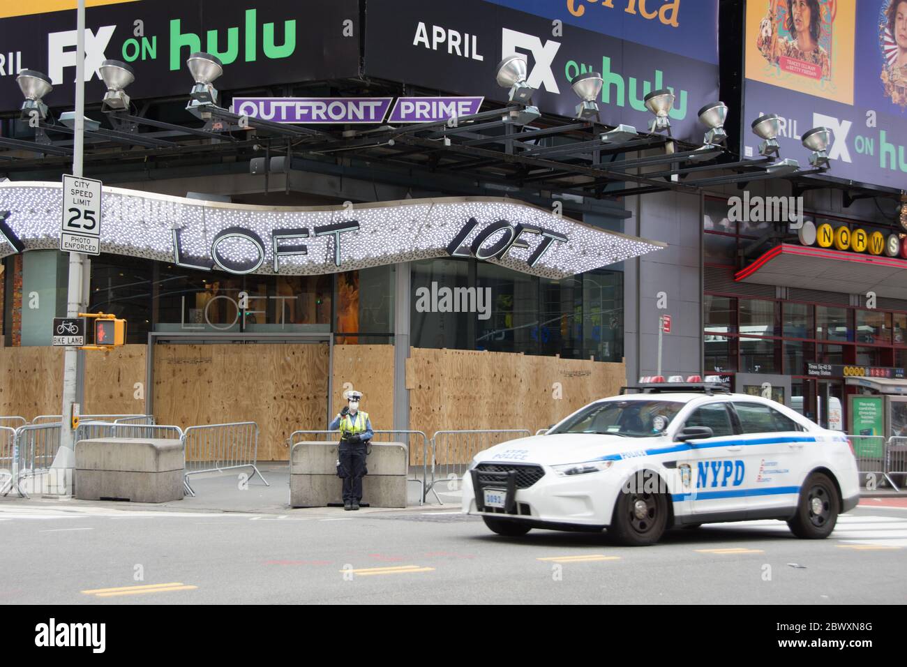 Loft store in Times Square boarded for protection due to looting at the protest. Stock Photo