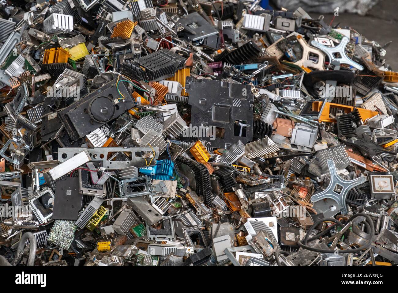 Scrap yard electronic waste for recycling with selective focus. electronic aluminium waste Stock Photo