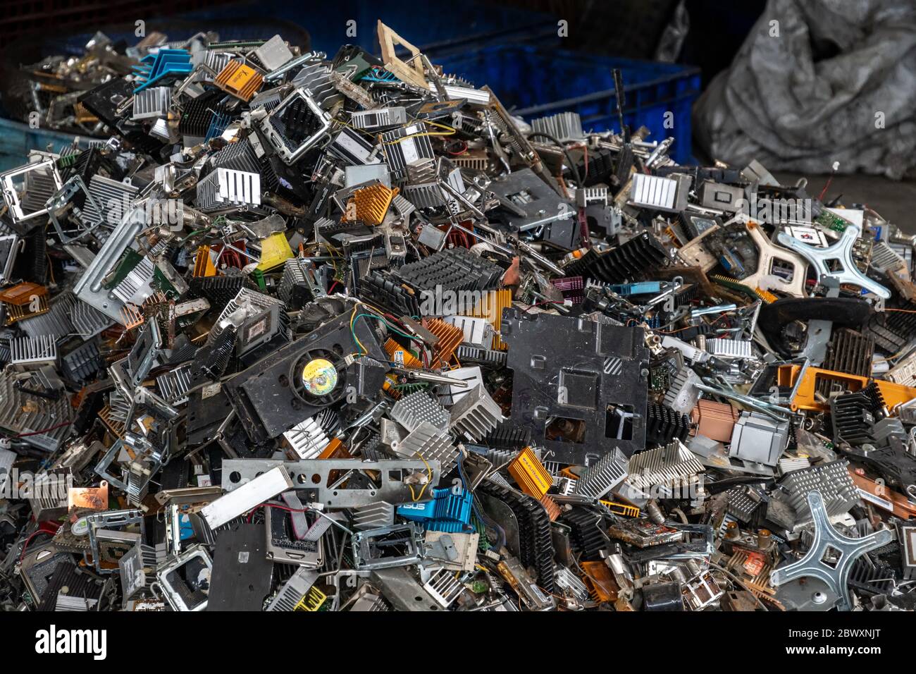 Scrap yard electronic waste for recycling with selective focus. electronic aluminium waste Stock Photo