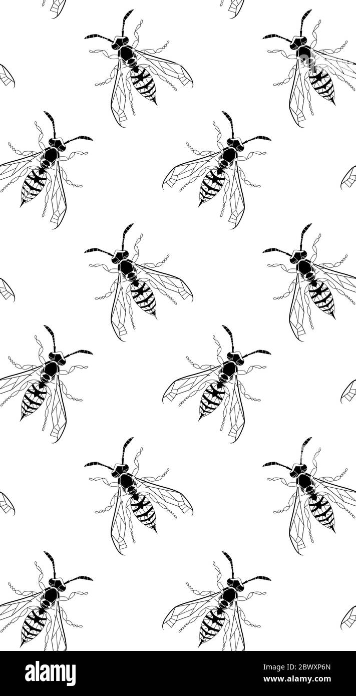 Dark gothic wasp insect vertical seamless wallpaper. Dangerous black bugs cover on white backdrop. Vector Bumblebee drawing mobile banner. Wild Nature graphic print. Stock Vector